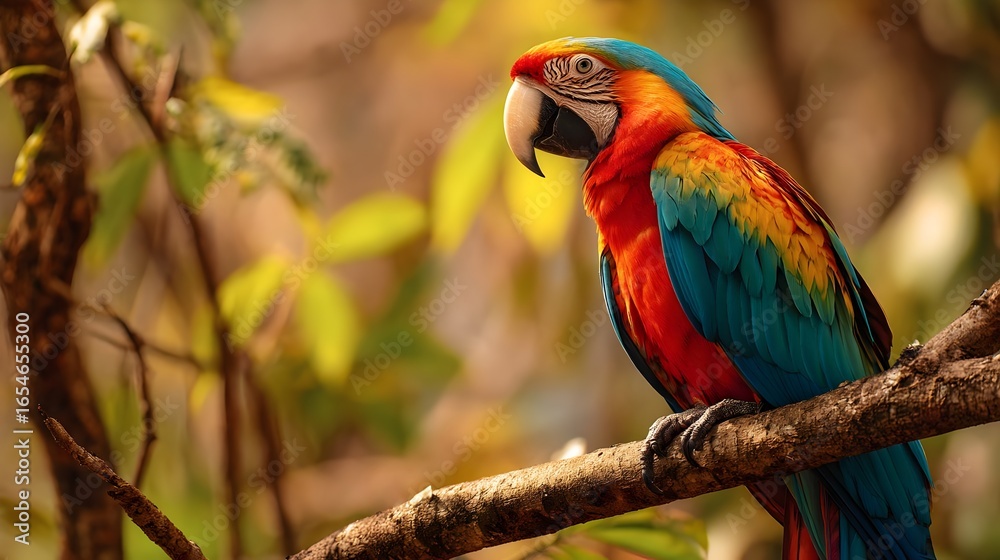 Obraz premium Colorful parrot on a tree branch in a tropical forest, vibrant and sunlit. Concept : Wildlife photography, tropical nature, exotic birds, vibrant colors, natural habitat, tropical ecosystem.