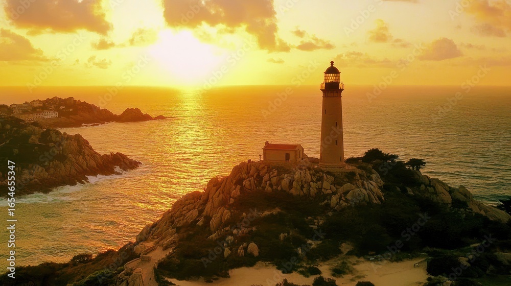 Naklejka premium Majestic lighthouse bathed in golden light stands sentinel over rocky coastline at sunset