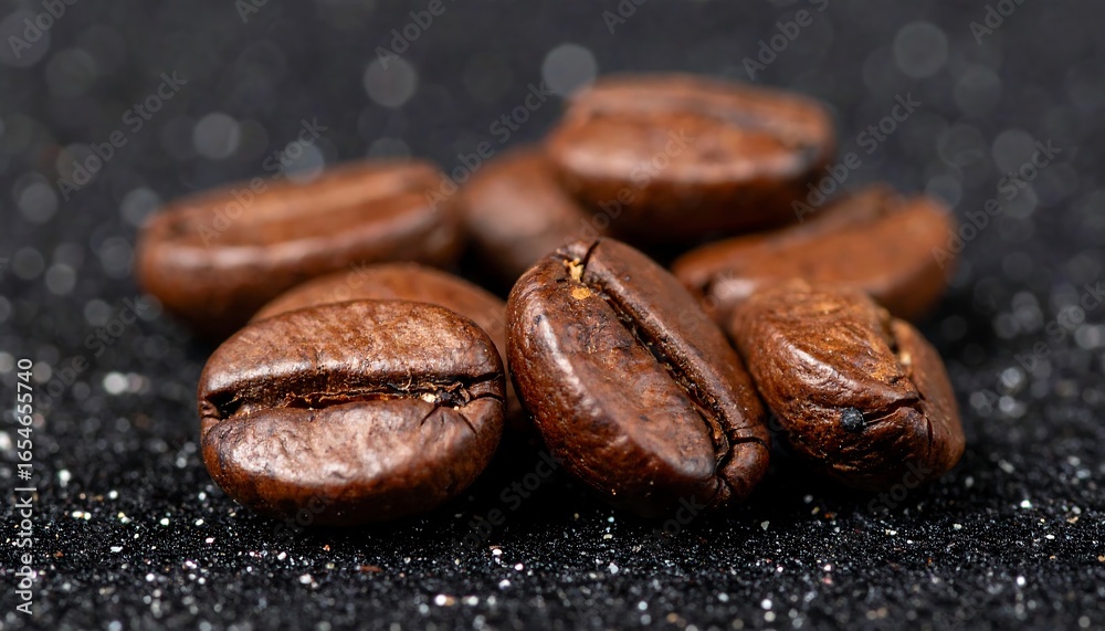 Obraz premium Macro shot of roasted coffee beans on a sparkly with dark background.