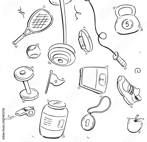 Doodle gym sketch health seamless pattern background. Hand drawn sketch doodle healthy sport, gym fit exercise equipment background. Hand drawn tennis ball, bottle, dumbbell fit. Vector illustration 
