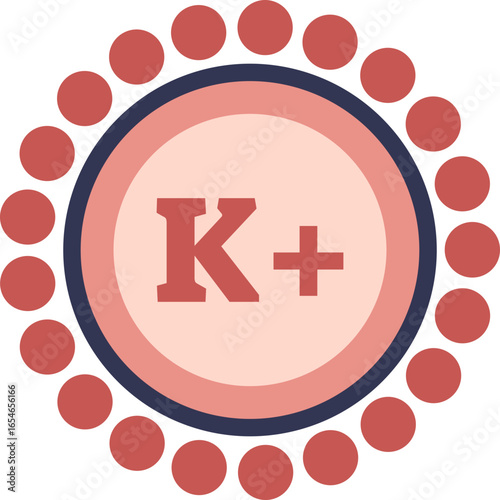A graphic icon of the Potassium ion (K+). The chemical symbol is in a central circle, surrounded by smaller dots, representing its atomic structure and role as a crucial electrolyte.