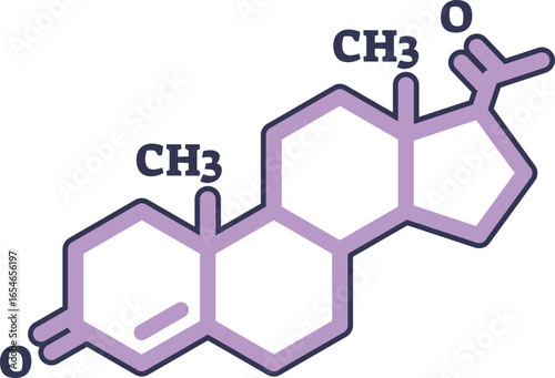 A stylized chemical structure of the progesterone molecule. This illustration shows the steroid hormone's carbon rings and functional groups, representing its role in female reproductive health.