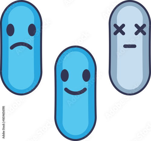 Cartoon probiotic bacteria characters illustrating gut flora balance. Happy, sad, and dead microbes represent the concept of good vs. bad bacteria for digestive health and a healthy microbiome.