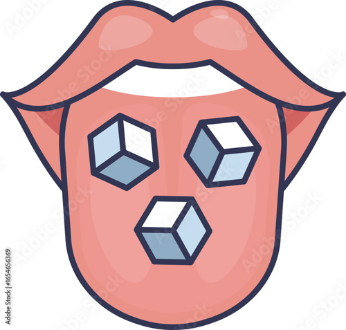 An illustration of a mouth with ice cubes on the tongue, symbolizing a numb feeling, altered taste perception, or a loss of sensation. Represents concepts like taste disorders or oral numbness.