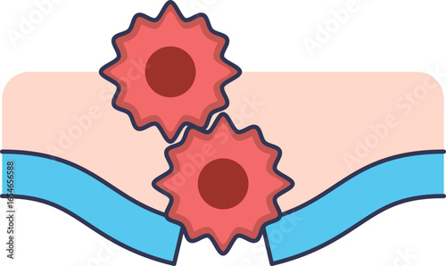 Stylized illustration of invasive cells penetrating a tissue layer. This vector icon represents the biological process of cell invasion, crucial in cancer metastasis.