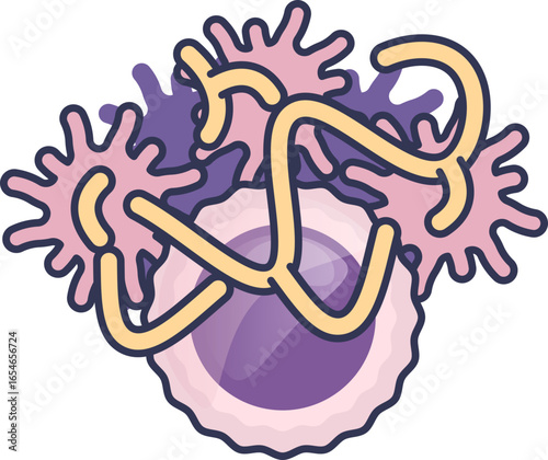 Stylized illustration of a white blood cell (leukocyte) enmeshed in a blood clot with platelets and fibrin strands. Symbolizes immunothrombosis, coagulation, and the body's healing response.