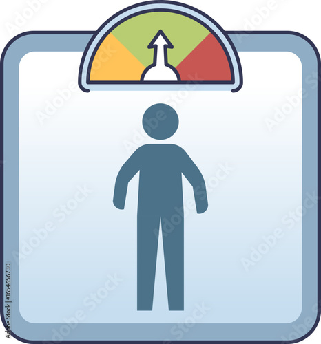 Icon of a person on a weighing scale. The dial points to the green zone, symbolizing healthy weight, successful weight loss, and achieving ideal body mass index (BMI) for effective weight management.