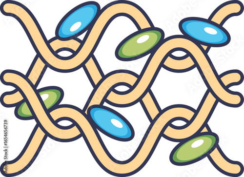 Illustration of collagen fibers forming an extracellular matrix scaffold. Represents tissue regeneration, skin repair, and the structural foundation of wound healing.