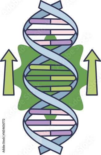 A DNA double helix with upward arrows symbolizes an activated oncogene. This represents genetic upregulation and uncontrolled cell growth, a key mechanism in cancer development.