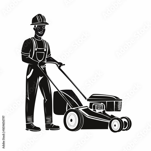 Lawn Mover worker vector. Black and white Lawn Mover worker vector isolated on white background.