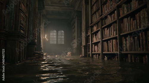 Abandoned library with flooded floor and floating books in dark cinematic atmosphere, wide shot perspective conveying post-apocalyptic or alien environment concept with dramatic lighting and eerie moo