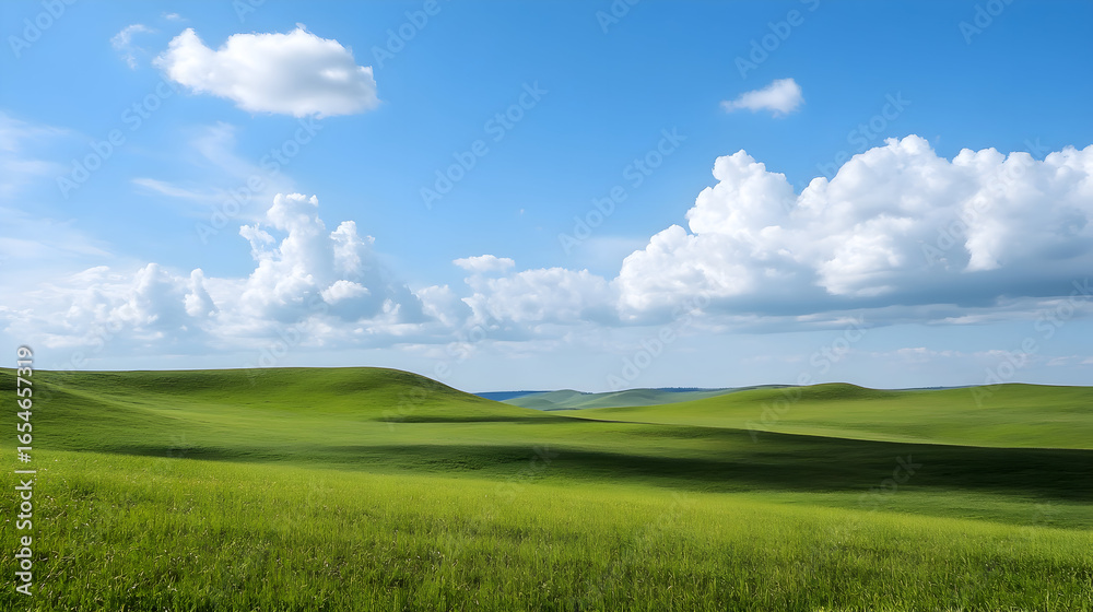 Obraz premium Serene Landscape: Green Field Under Blue Sky with Fluffy Clouds