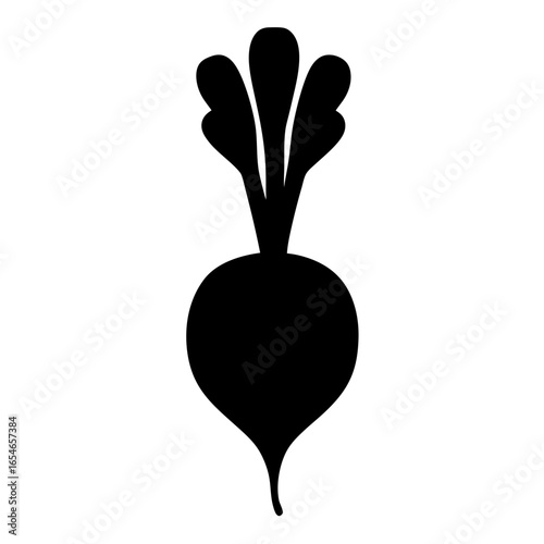 Monochrome illustration of a root vegetable with leaves, a beet maybe