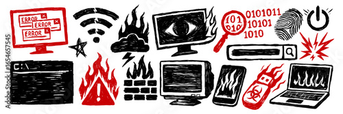 Sketch cyber security set with computers, errors, warning signs, usb, fingerprint, cloud, magnifying glass, code and virus in crayon