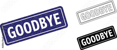 Three goodbye stamps in blue black and white on white background