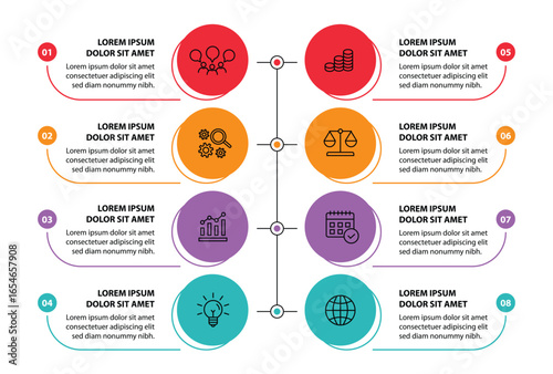 8 steps infographic template with 8 options. Flowchart that can be used for business report, data visualization and presentation. Timeline infographic elements vector illustration.