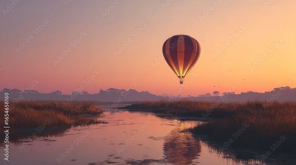Fototapeta premium Hot air balloon over river sunrise