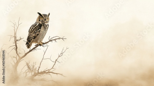 Majestic eurasian eagle-owl perched alertly on a stark branch in mystic ambiance