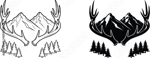 Two mountain scenes framed by antlers and pine trees in black