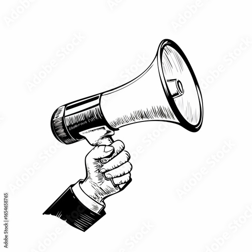 Human hand holding loudspeaker. Vector hand drawn sketch illustration on white background.