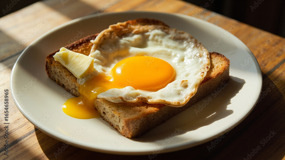 Golden Yolk Egg on Toast for Breakfast, Classic Morning Plate with Egg and Buttered Toast, Delicious Sunny Side Up Egg on Rustic Bread Golden Yolk Egg on Toast for Breakfast, Classic Morning Plate with Egg and Buttered Toast, Delicious Sunny Side Up Egg on Rustic Bread