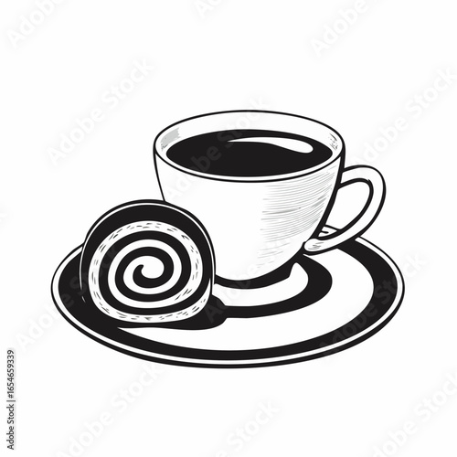 Delicious Cup of Coffee and Swiss Roll Cake on a Plate image vector isolated on white background.