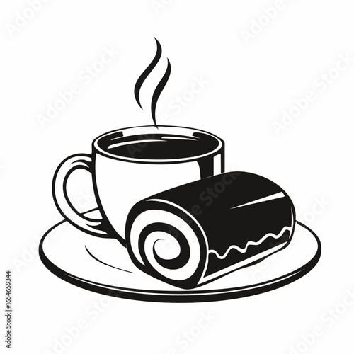 Delicious Cup of Coffee and Swiss Roll Cake on a Plate image vector isolated on white background.