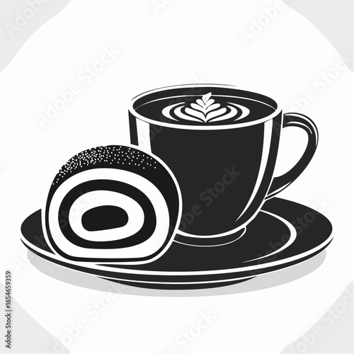 Delicious Cup of Coffee and Swiss Roll Cake on a Plate image vector isolated on white background.