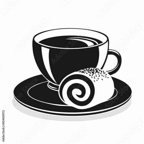 Delicious Cup of Coffee and Swiss Roll Cake on a Plate image vector isolated on white background.