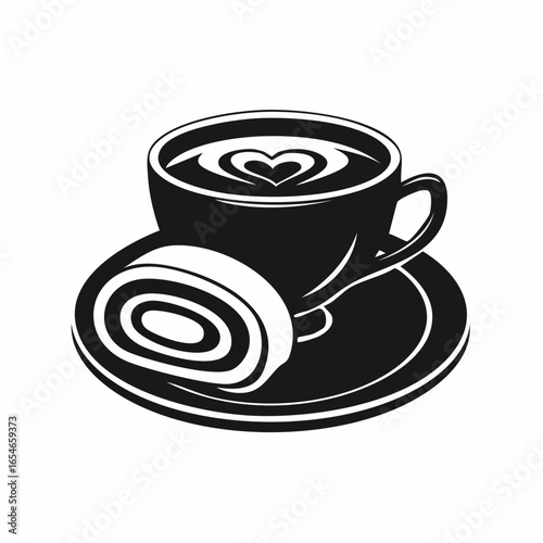 Delicious Cup of Coffee and Swiss Roll Cake on a Plate image vector isolated on white background.