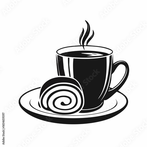 Delicious Cup of Coffee and Swiss Roll Cake on a Plate image vector isolated on white background.