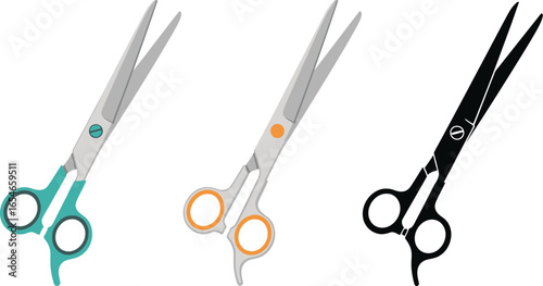 Three pairs of scissors with different colored handles on white