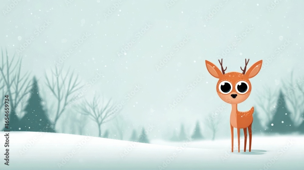 Fototapeta premium Cute Cartoon Deer in Snowy Forest