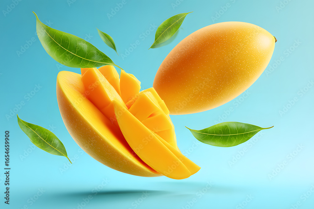 Mango with half slices falling or floating in the air with green leaves isolated on background, Fresh organic fruit with high vitamins and minerals. Mango with half slices falling or floating in the air with green leaves isolated on background, Fresh organic fruit with high vitamins and minerals.