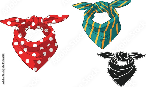 Illustration of three tied bandanas with different patterns