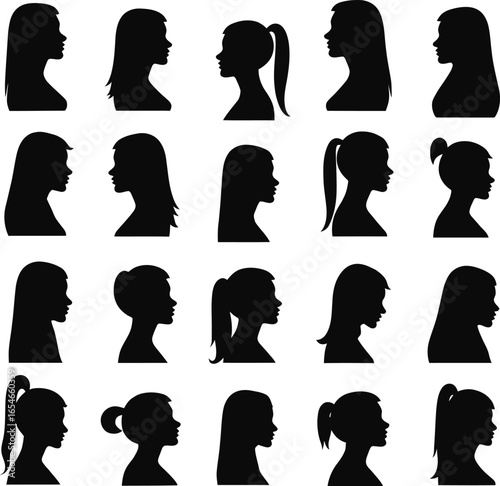 Twenty four female silhouettes profile views various hairstyles
