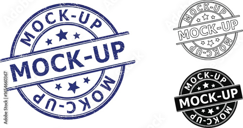 Various mock up stamp designs in blue black and outline format