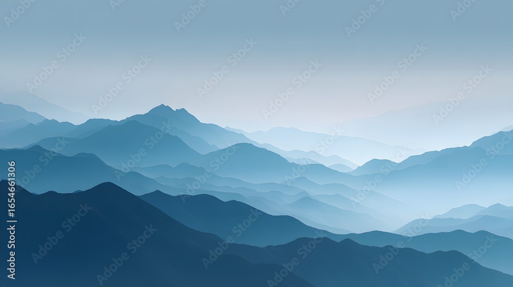 Obraz premium A silhouette mountain range with layered soft blue tones under a calm twilight sky