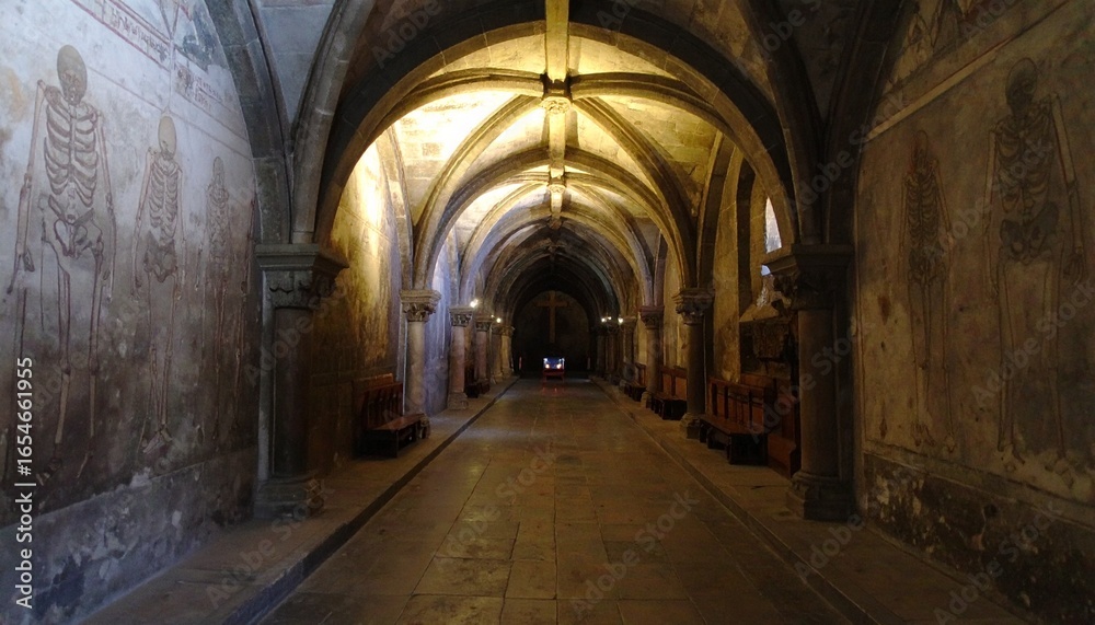 Obraz premium Ancient Vaulted Corridor with Skeleton Murals in a Dimly Lit Historic Crypt