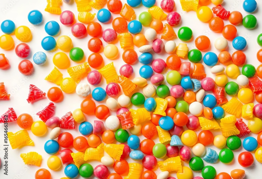 Obraz premium Vibrant assortment of colorful candies, scattered on white, macro, colorful candies