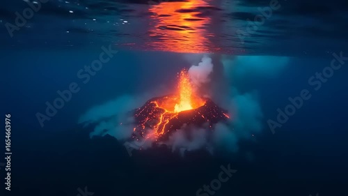 Underwater view of erupting volcano with lava flow