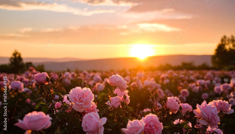 Fototapeta premium Beautiful sunset over a field of pink roses