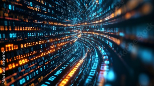 Abstract dynamic digital virtual tunnel of flowing binary code in glowing blue and orange hues. High-speed motion through a futuristic data stream.
