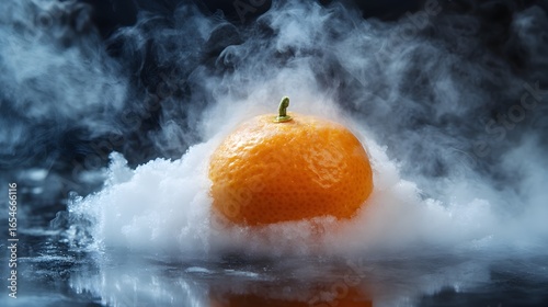 Frozen orange fruit in ice and vapor on dark background. Close-up freeze citrus.