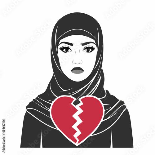 Fotografie Sad Girl Combined with a Broken Heart Symbol in Emotional Vector Illustration