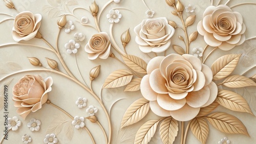 Elegant beige and gold embossed floral pattern with roses