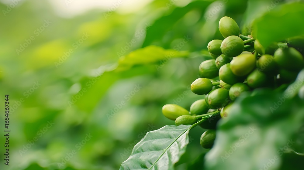 Fototapeta premium Unripe green coffee beans growing on a branch