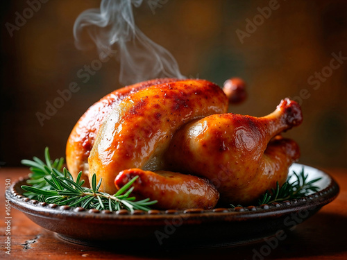 Whole roasted chicken or turkey with herbs in a plate
