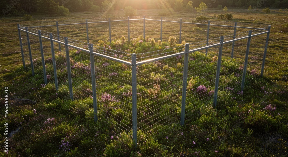 Fototapeta premium Square Metal Fence Enclosing Wildflowers at Sunrise
