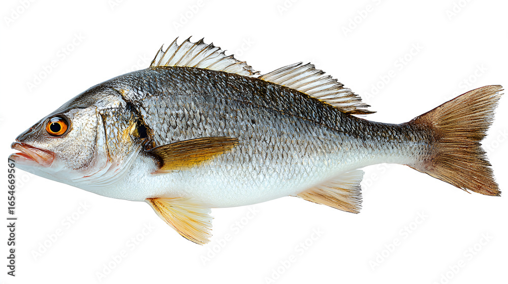Fototapeta premium A single grey and white fish with orange fins isolated on white background